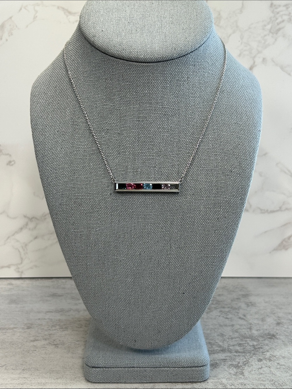 Silver Bar Necklace with Pink and Blue Crystal Stones